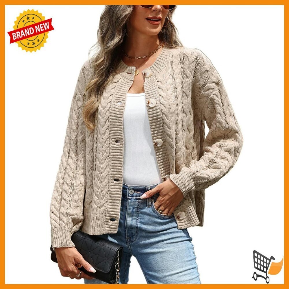 Chunky Cable Knit Cardigan Button Down Open Front Long Sleeve Sweater